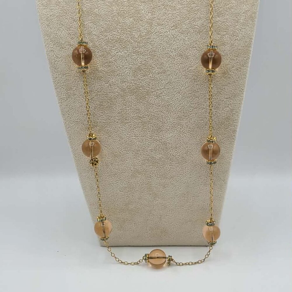 J Crew Gold Tone Long Station Necklace with Gold Beads Clear Crystal Spacers